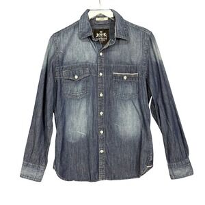Express Shirt Womens Small Blue Fitted‎ Denim Chambray Long Sleeve Button Up